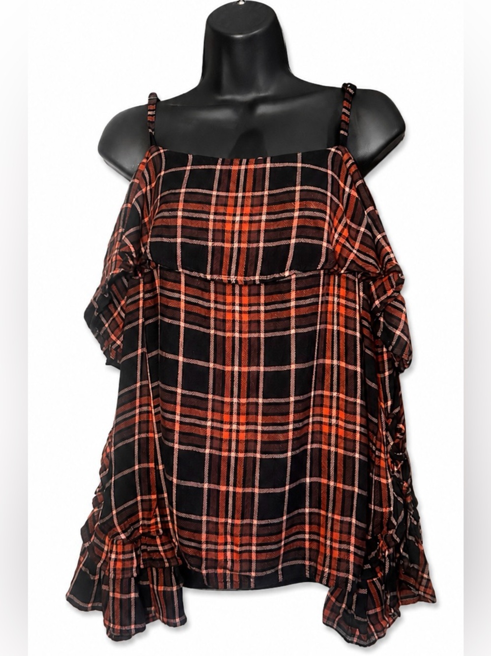 INC International Concepts Black and Orange Plaid Cold-Shoulder Top